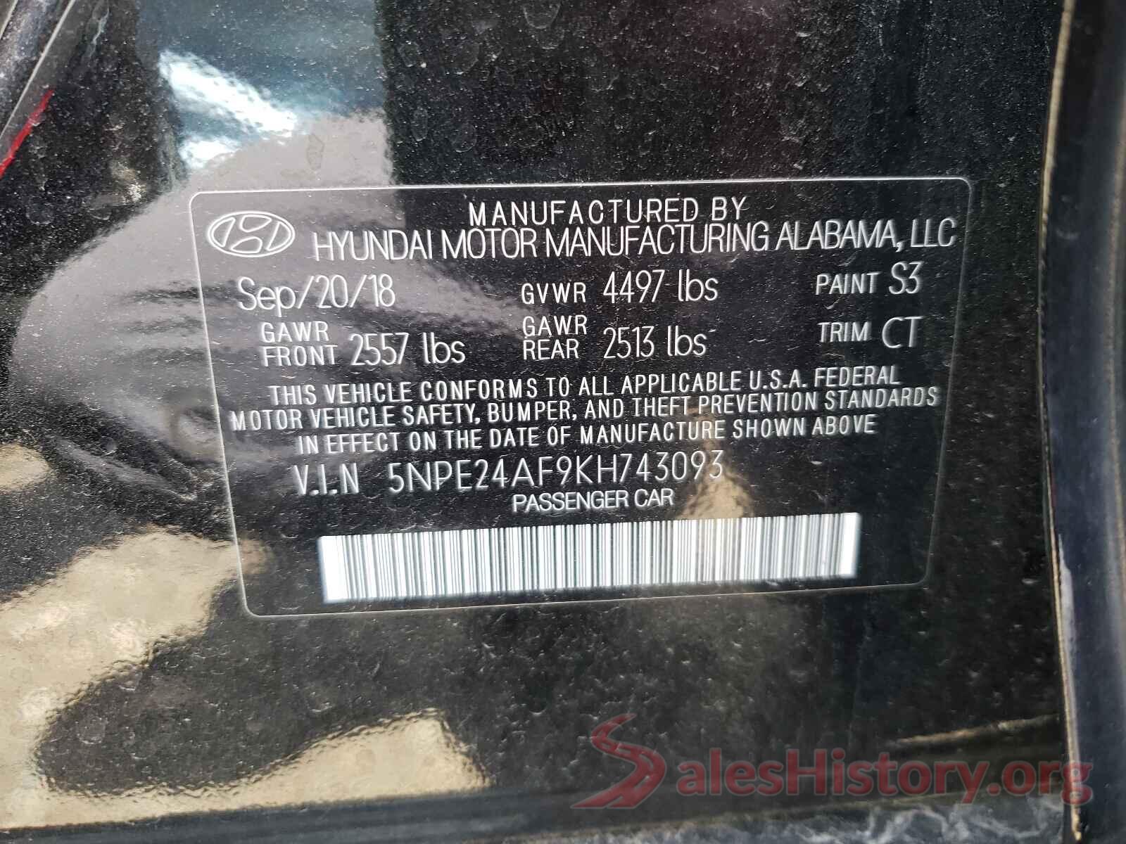 5NPE24AF9KH743093 2019 HYUNDAI SONATA