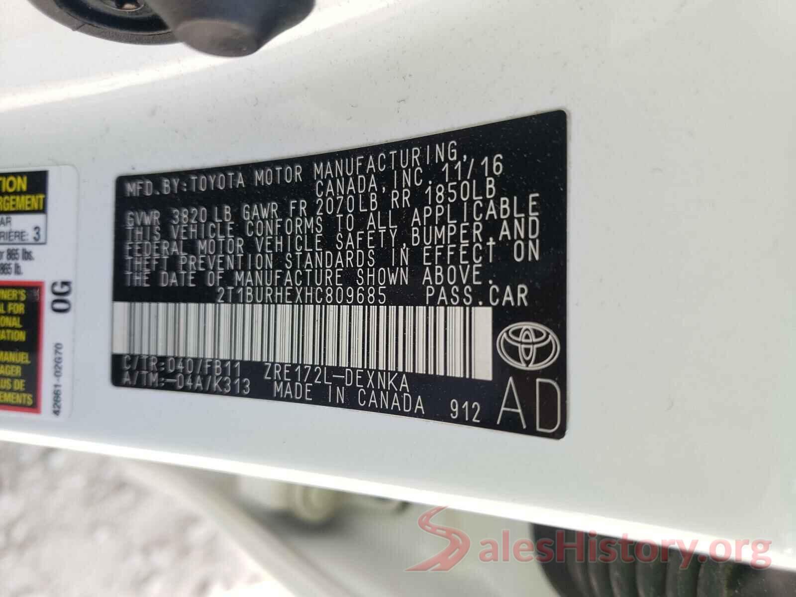 2T1BURHEXHC809685 2017 TOYOTA COROLLA