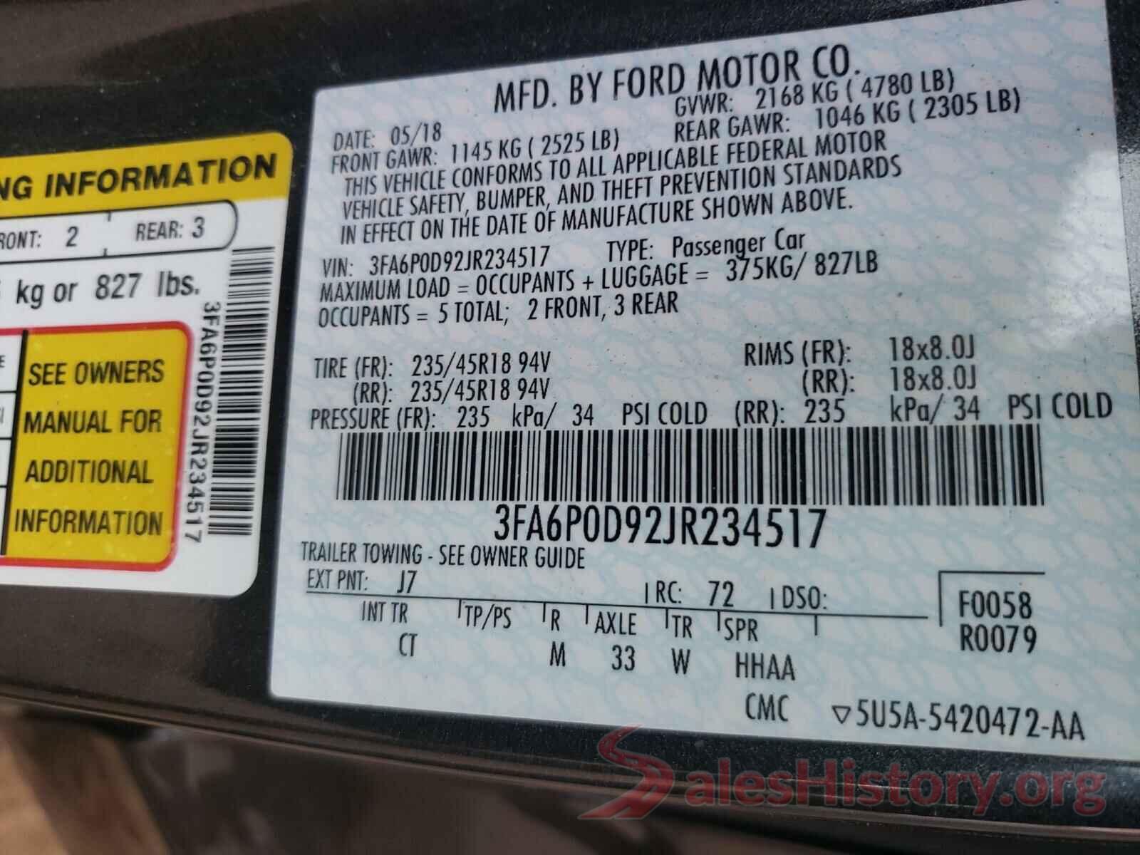 3FA6P0D92JR234517 2018 FORD FUSION