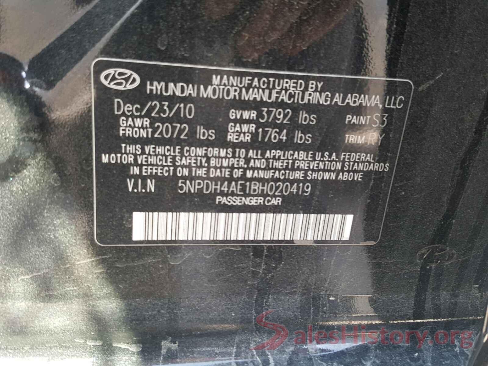 5NPDH4AE1BH020419 2011 HYUNDAI ELANTRA