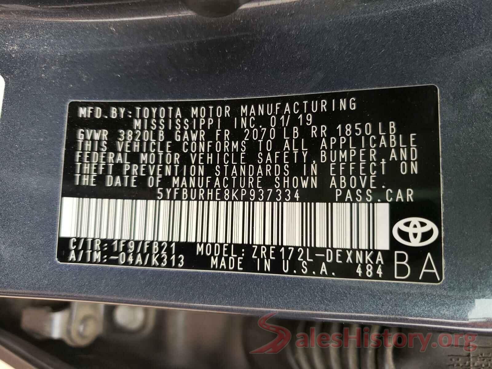 5YFBURHE8KP937334 2019 TOYOTA COROLLA