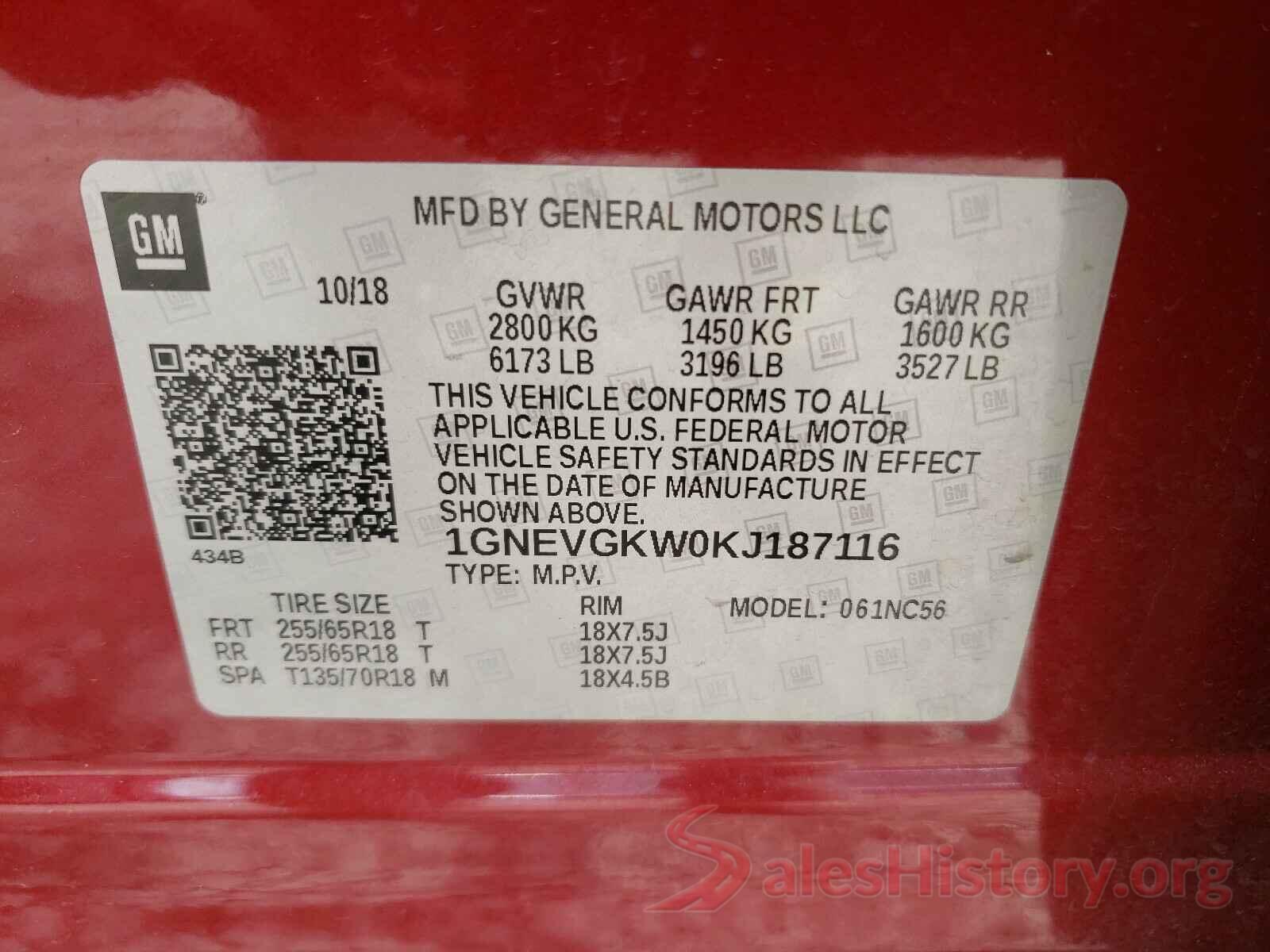 1GNEVGKW0KJ187116 2019 CHEVROLET TRAVERSE