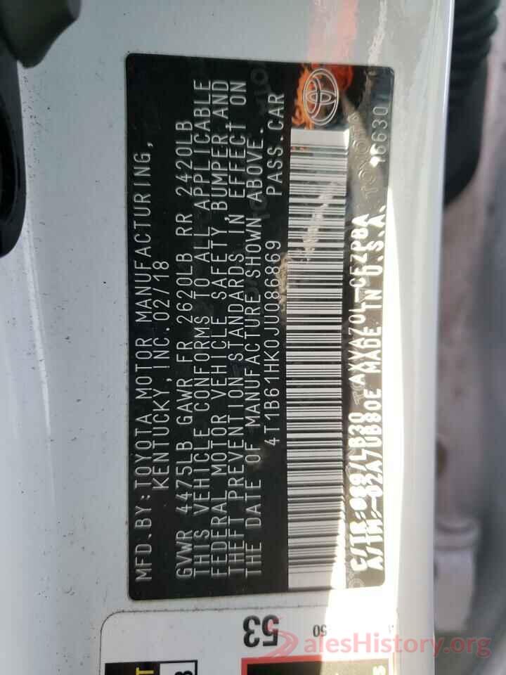 4T1B61HK0JU086869 2018 TOYOTA CAMRY