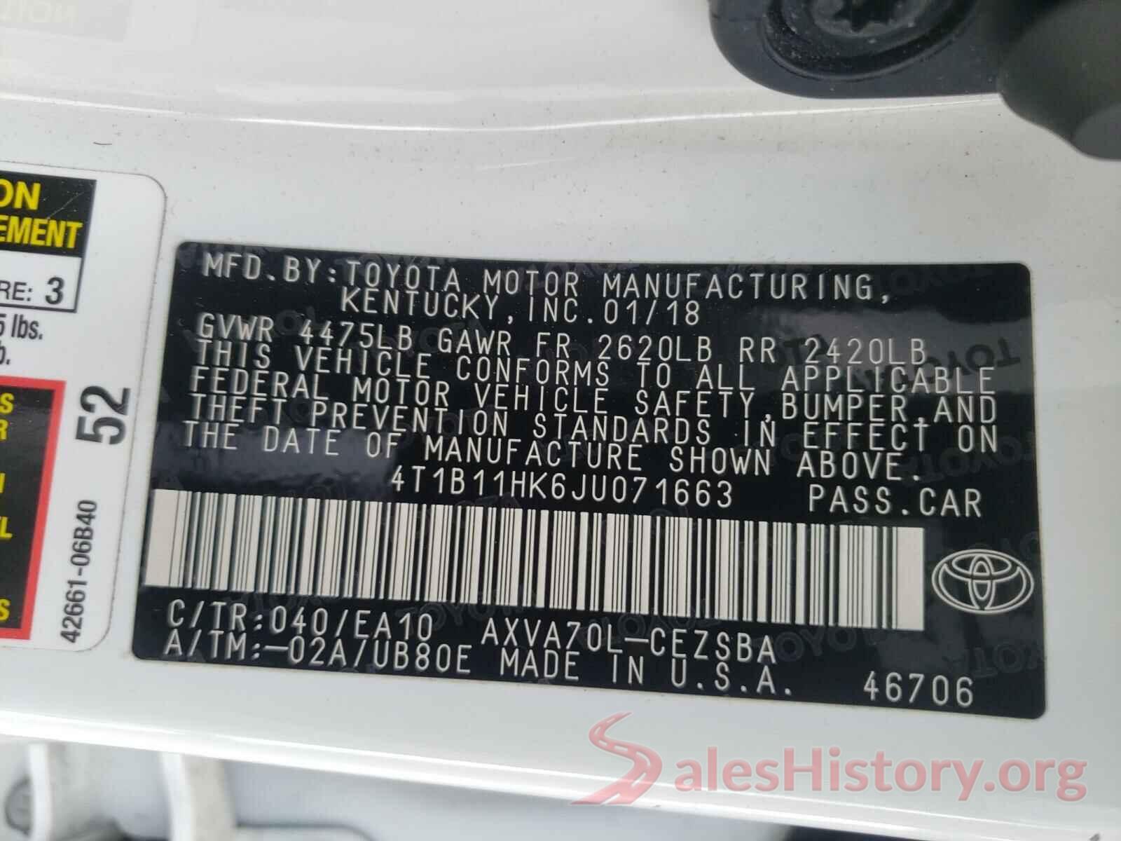 4T1B11HK6JU071663 2018 TOYOTA CAMRY