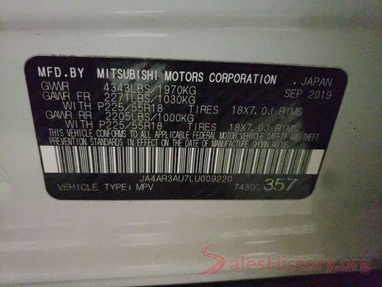 JA4AR3AU7LU009220 2020 MITSUBISHI OUTLANDER