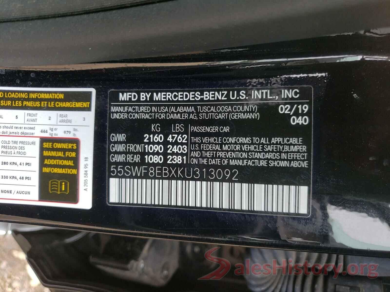 55SWF8EBXKU313092 2019 MERCEDES-BENZ C CLASS