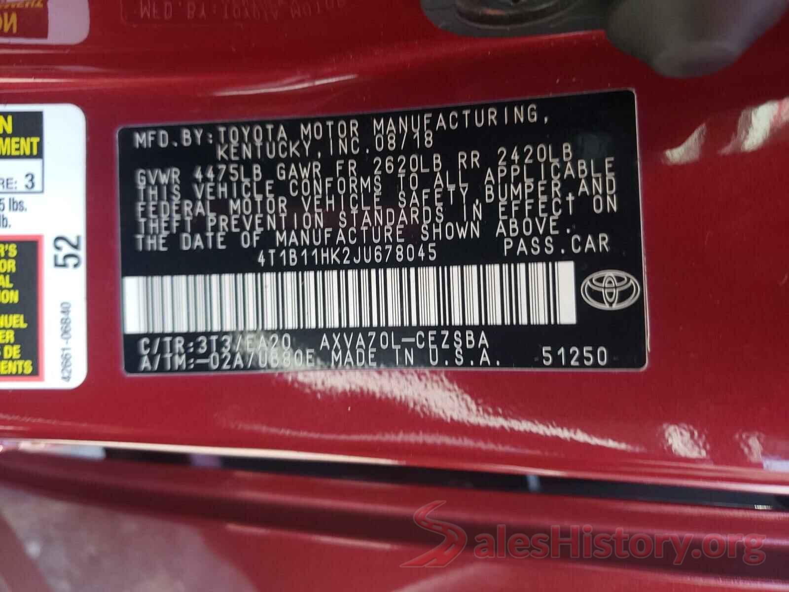 4T1B11HK2JU678045 2018 TOYOTA CAMRY