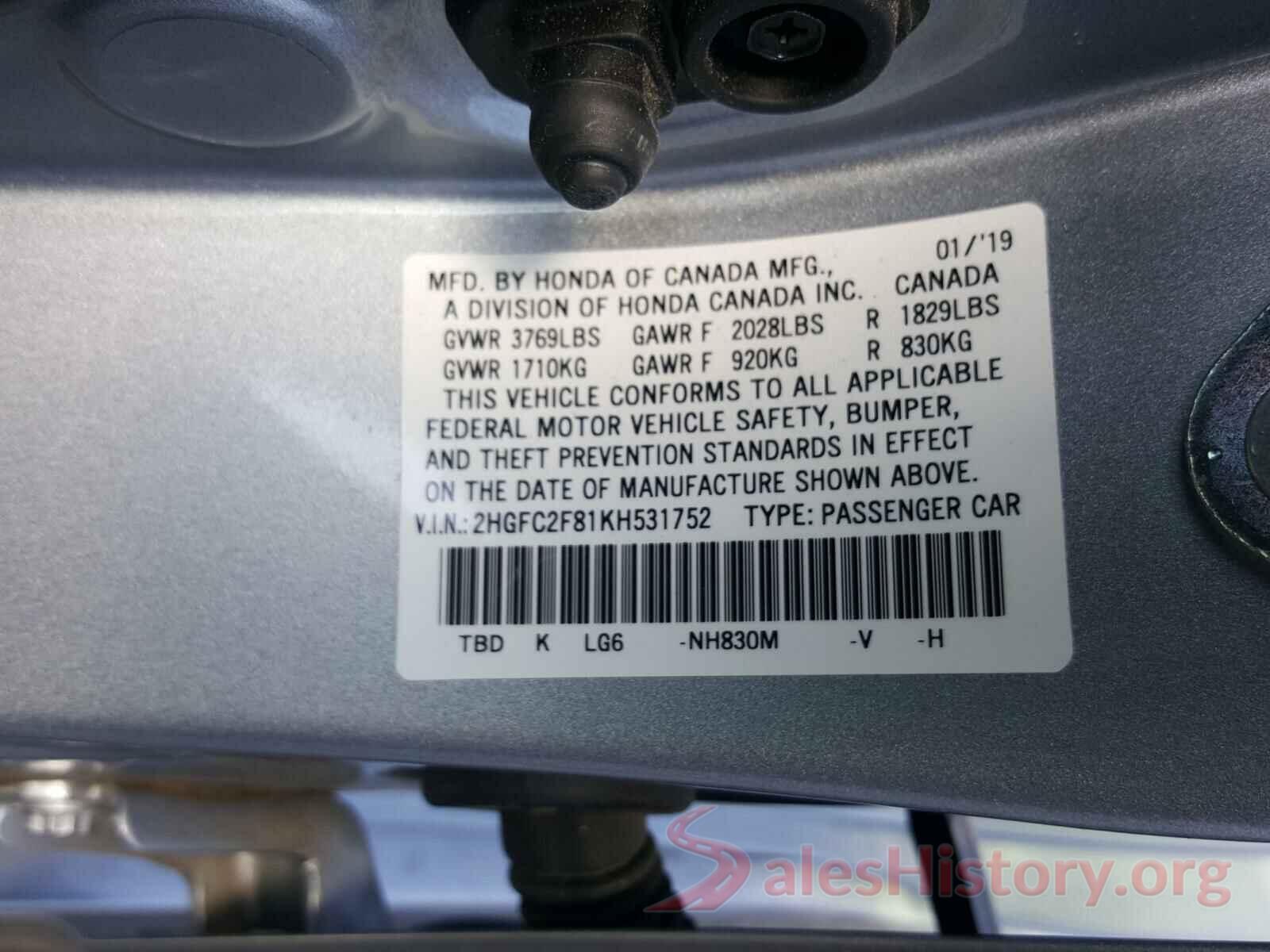 2HGFC2F81KH531752 2019 HONDA CIVIC