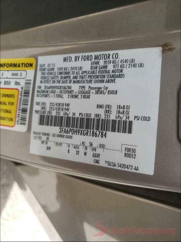 3FA6P0H9XGR186784 2016 FORD FUSION