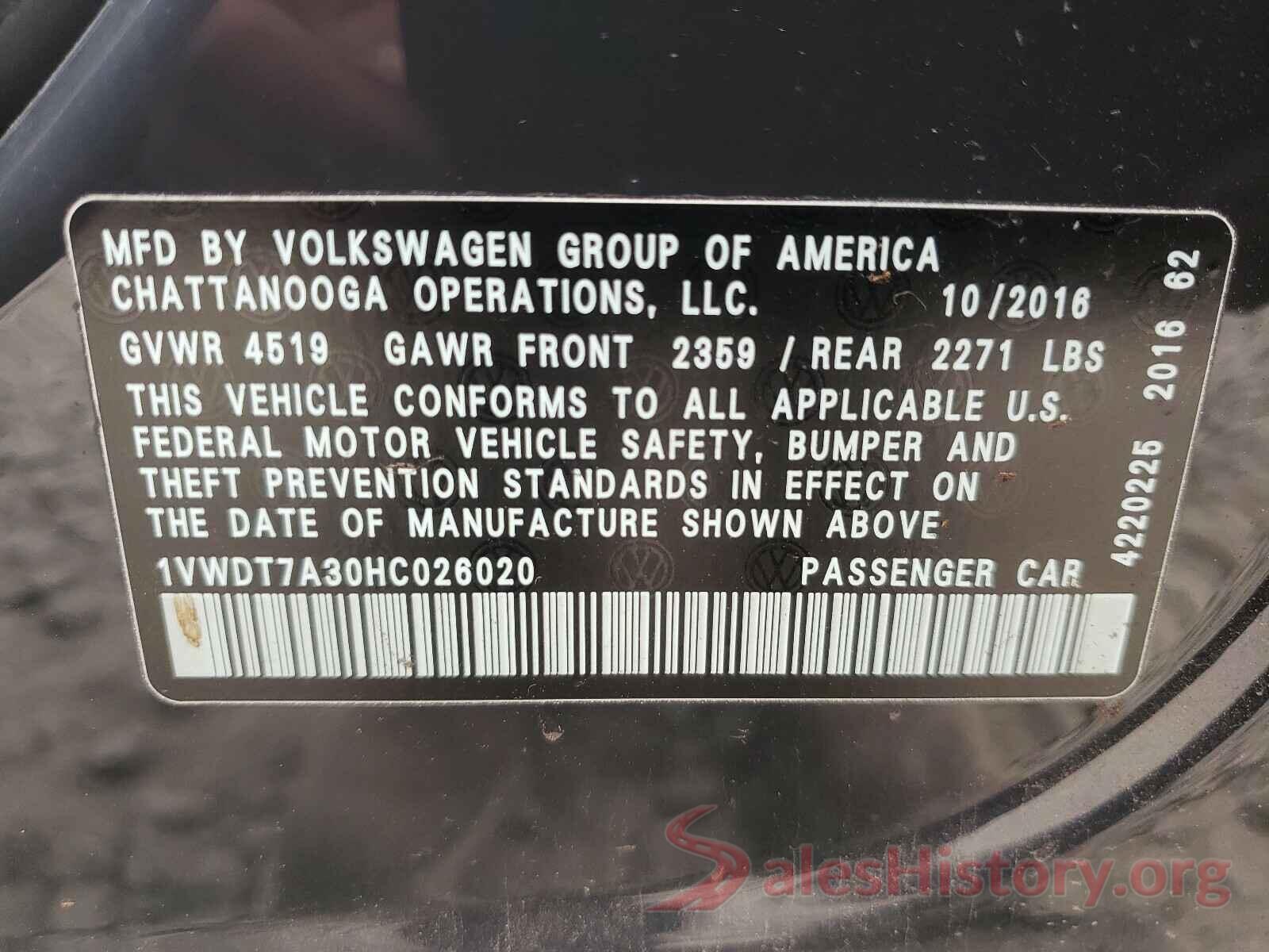 1VWDT7A30HC026020 2017 VOLKSWAGEN PASSAT