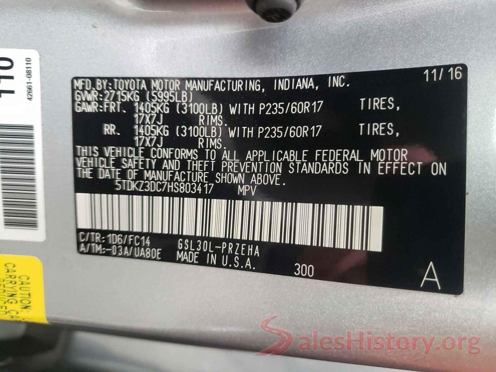 5TDKZ3DC7HS803417 2017 TOYOTA SIENNA