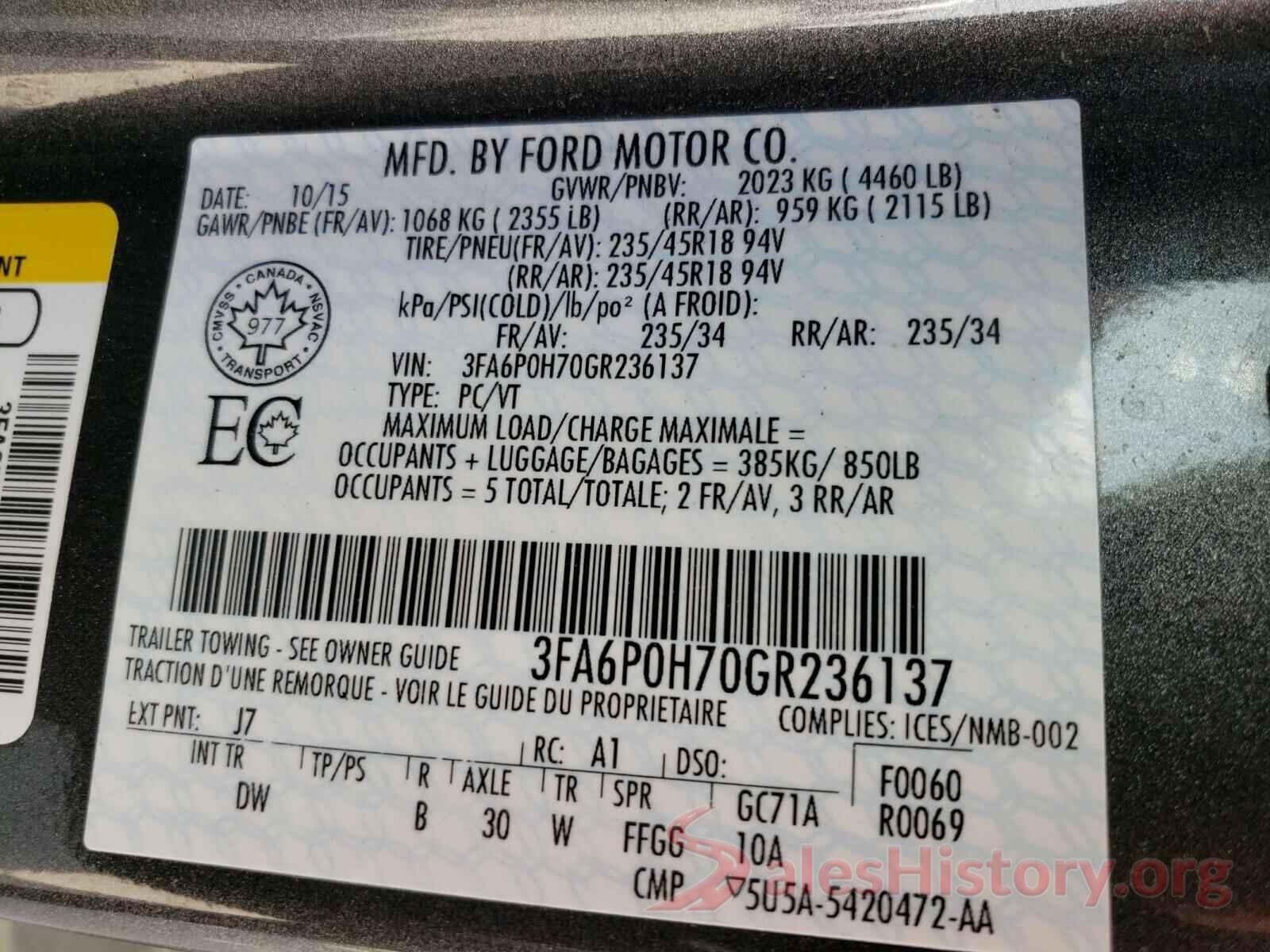 3FA6P0H70GR236137 2016 FORD FUSION