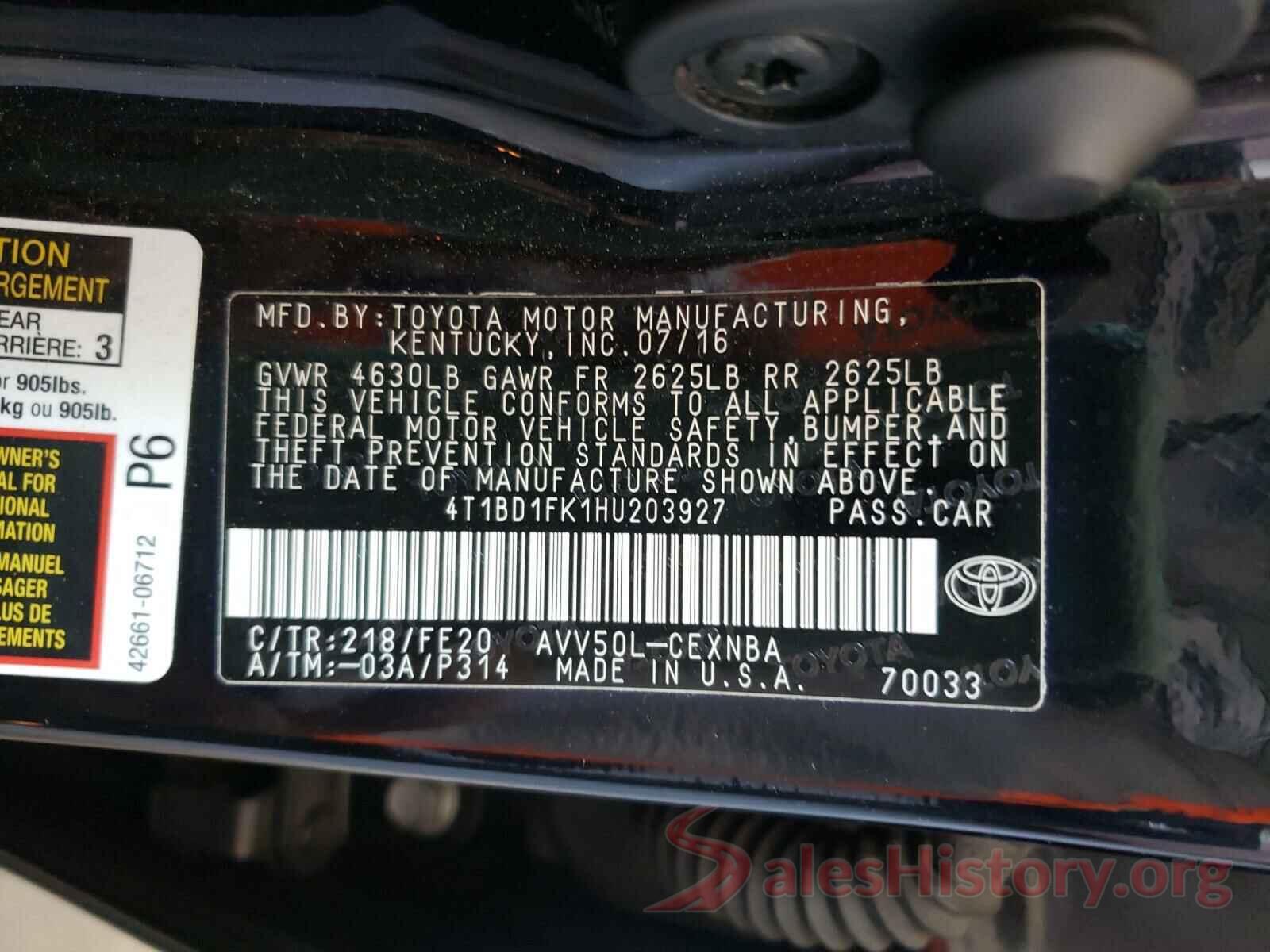 4T1BD1FK1HU203927 2017 TOYOTA CAMRY