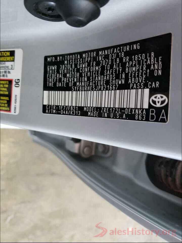 5YFBURHE5JP821667 2018 TOYOTA COROLLA