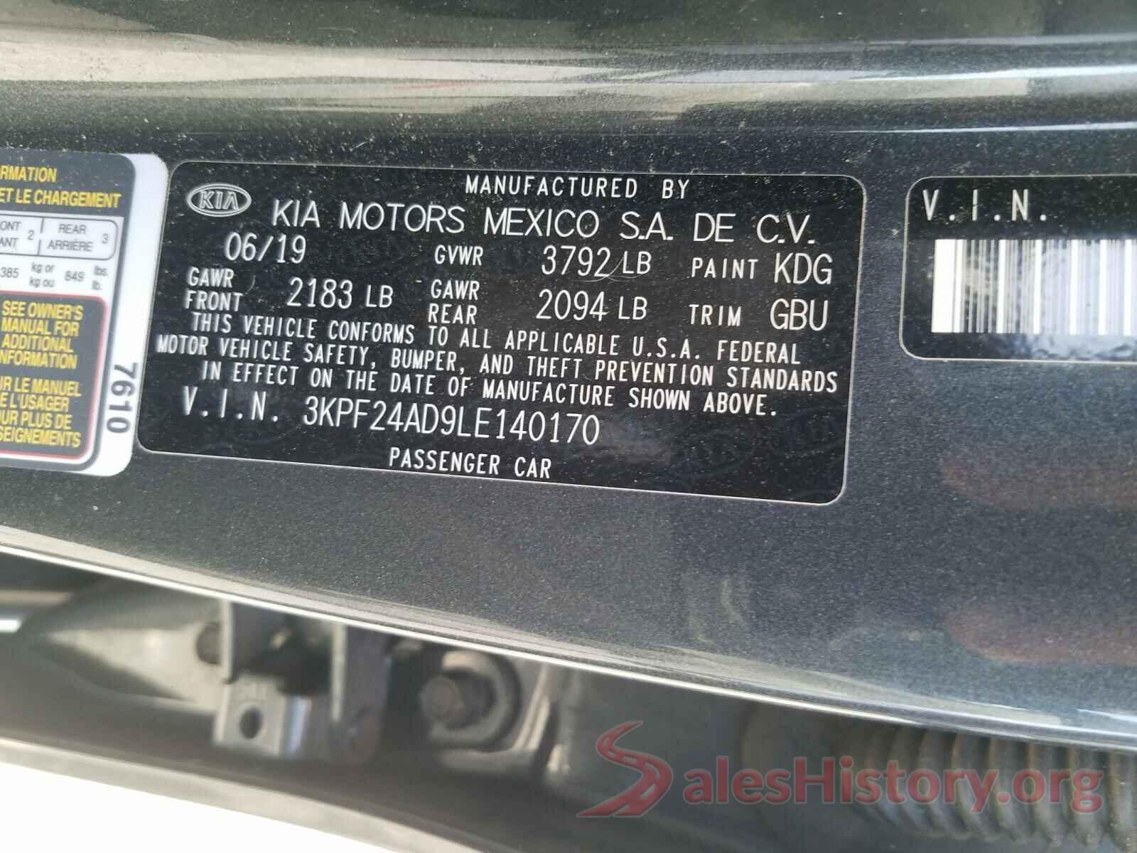 3KPF24AD9LE140170 2020 KIA FORTE