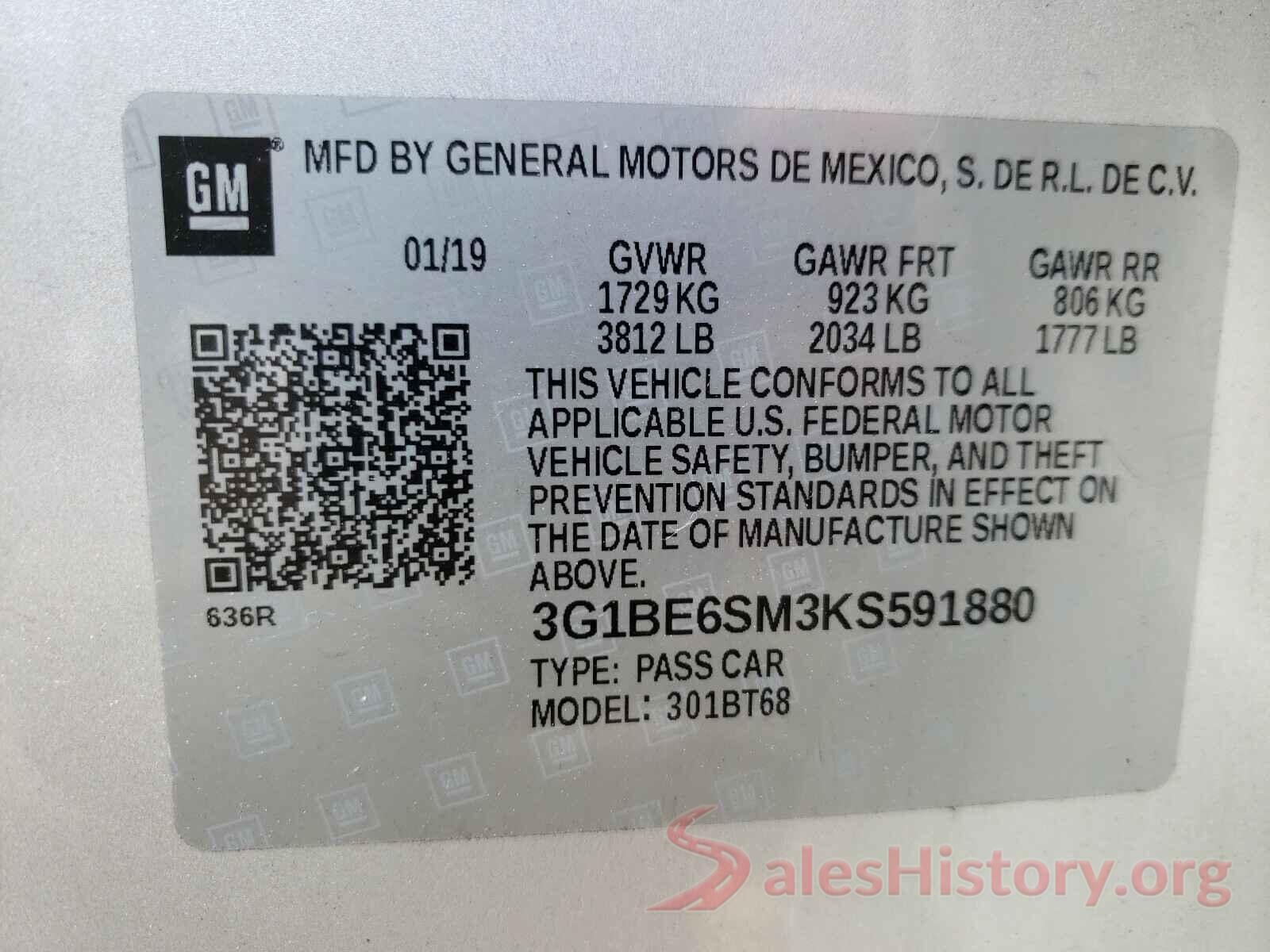 3G1BE6SM3KS591880 2019 CHEVROLET CRUZE