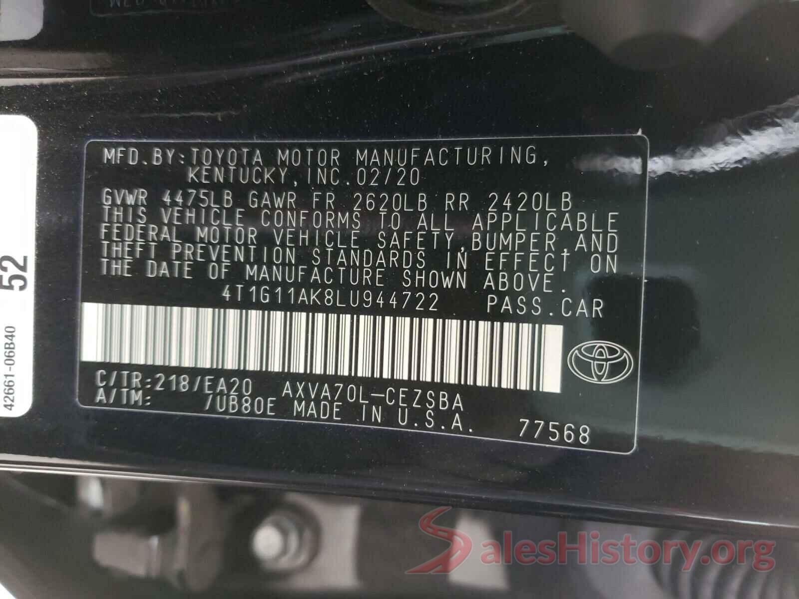 4T1G11AK8LU944722 2020 TOYOTA CAMRY