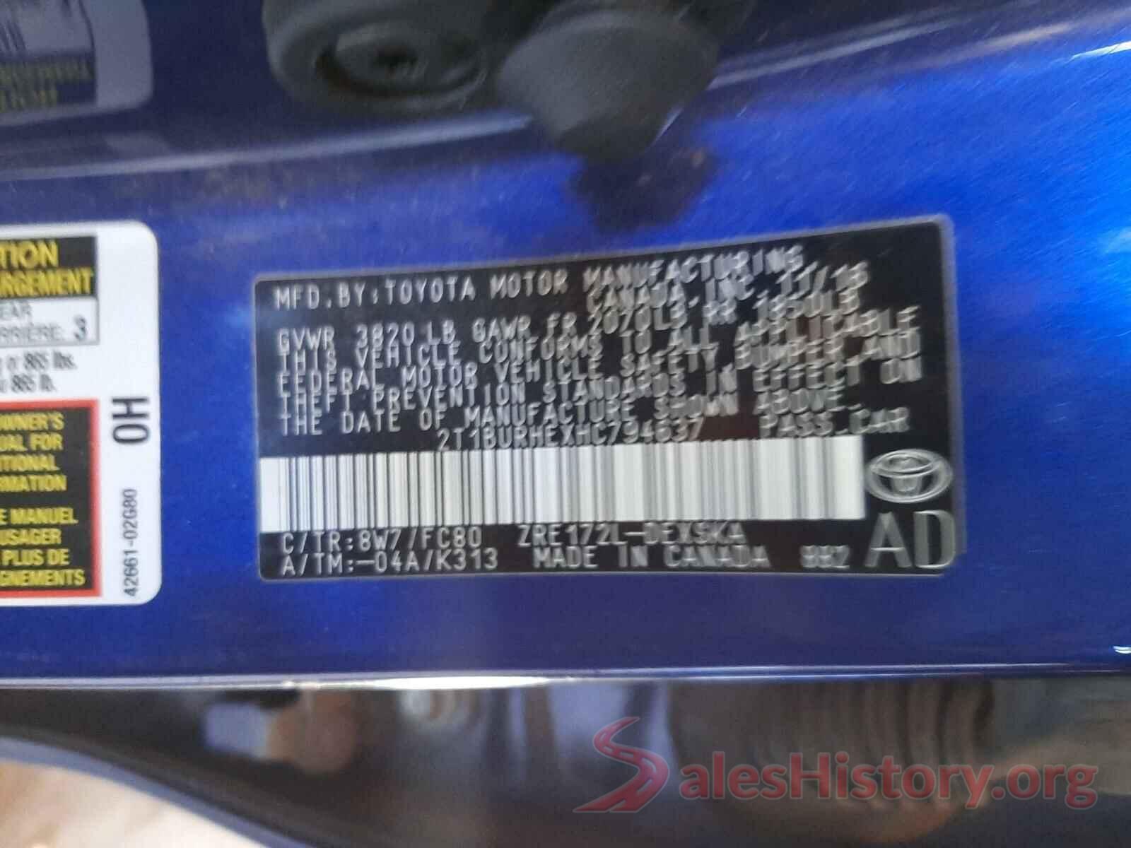 2T1BURHEXHC794637 2017 TOYOTA COROLLA