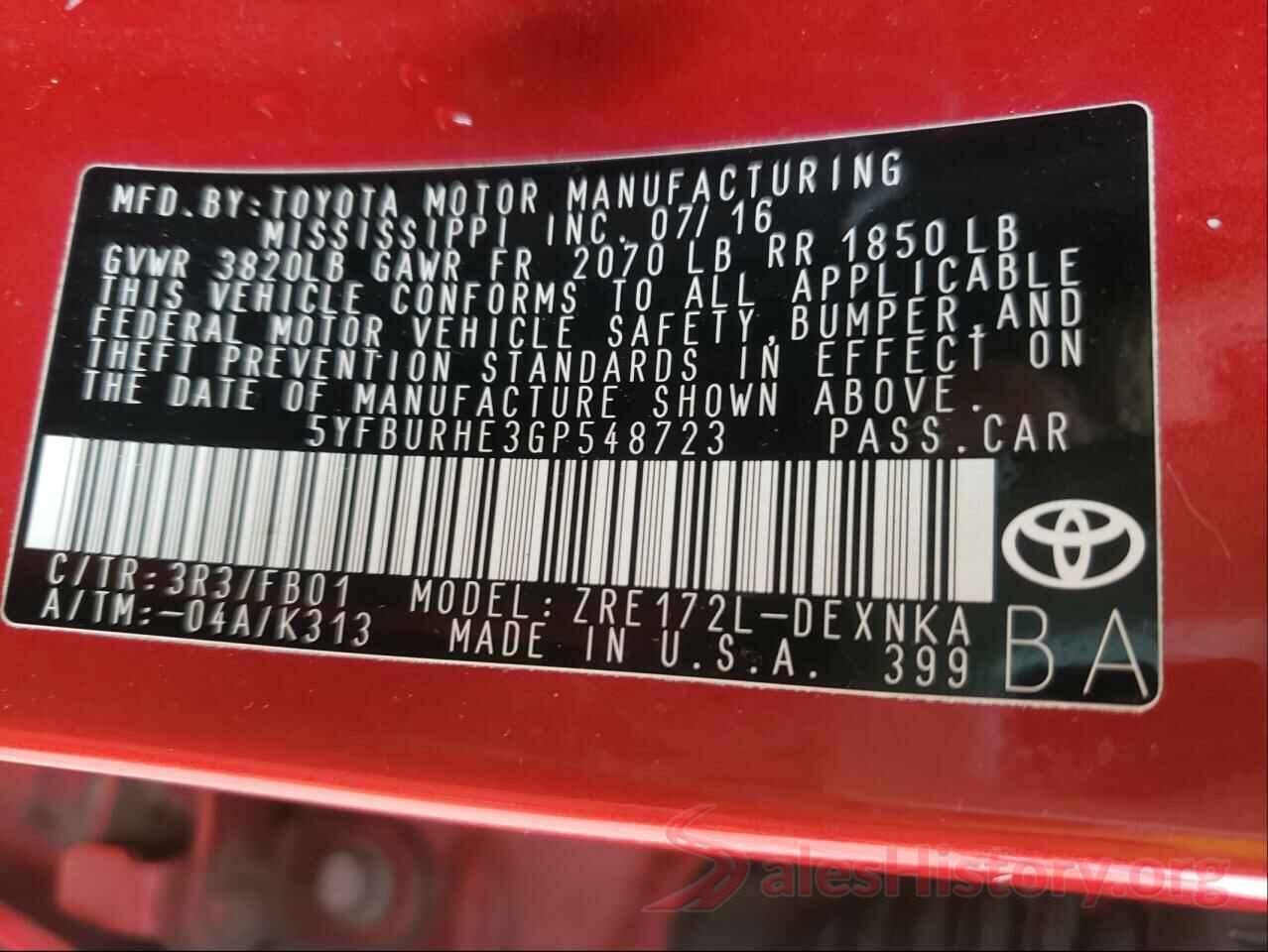 5YFBURHE3GP548723 2016 TOYOTA COROLLA