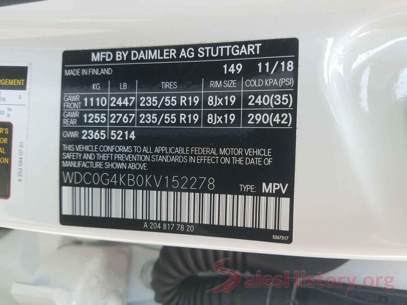 WDC0G4KB0KV152278 2019 MERCEDES-BENZ G CLASS