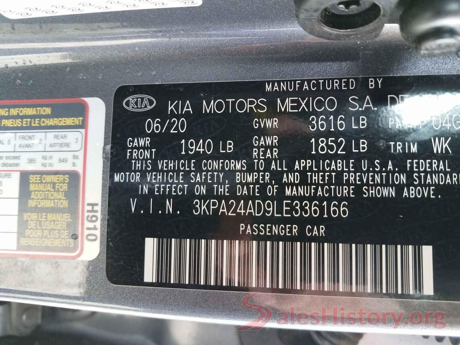 3KPA24AD9LE336166 2020 KIA RIO