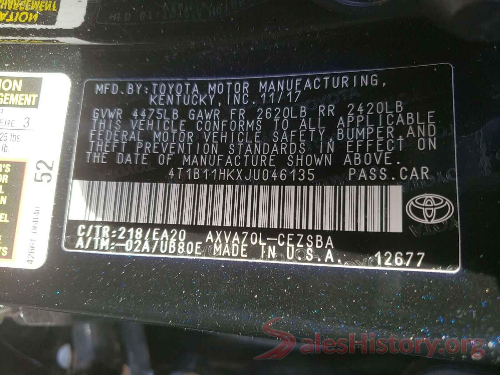 4T1B11HKXJU046135 2018 TOYOTA CAMRY