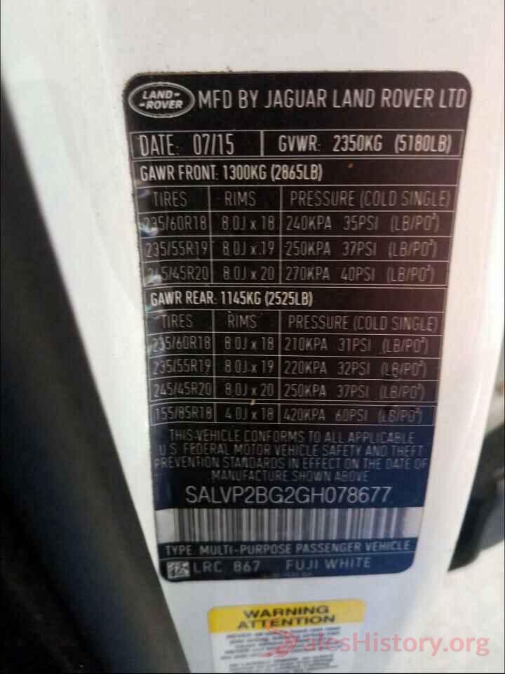 SALVP2BG2GH078677 2016 LAND ROVER RANGEROVER