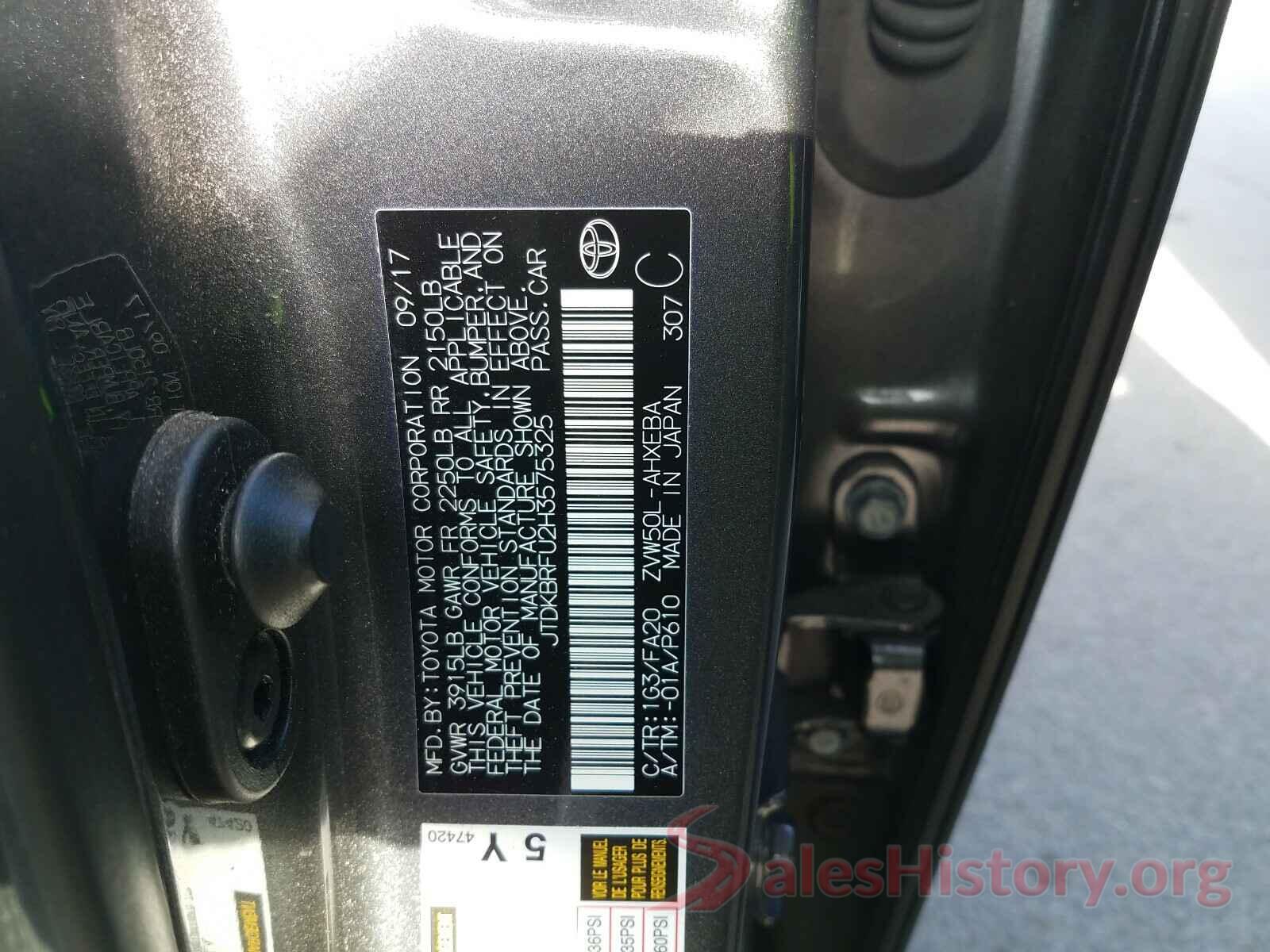 JTDKBRFU2H3575325 2017 TOYOTA PRIUS