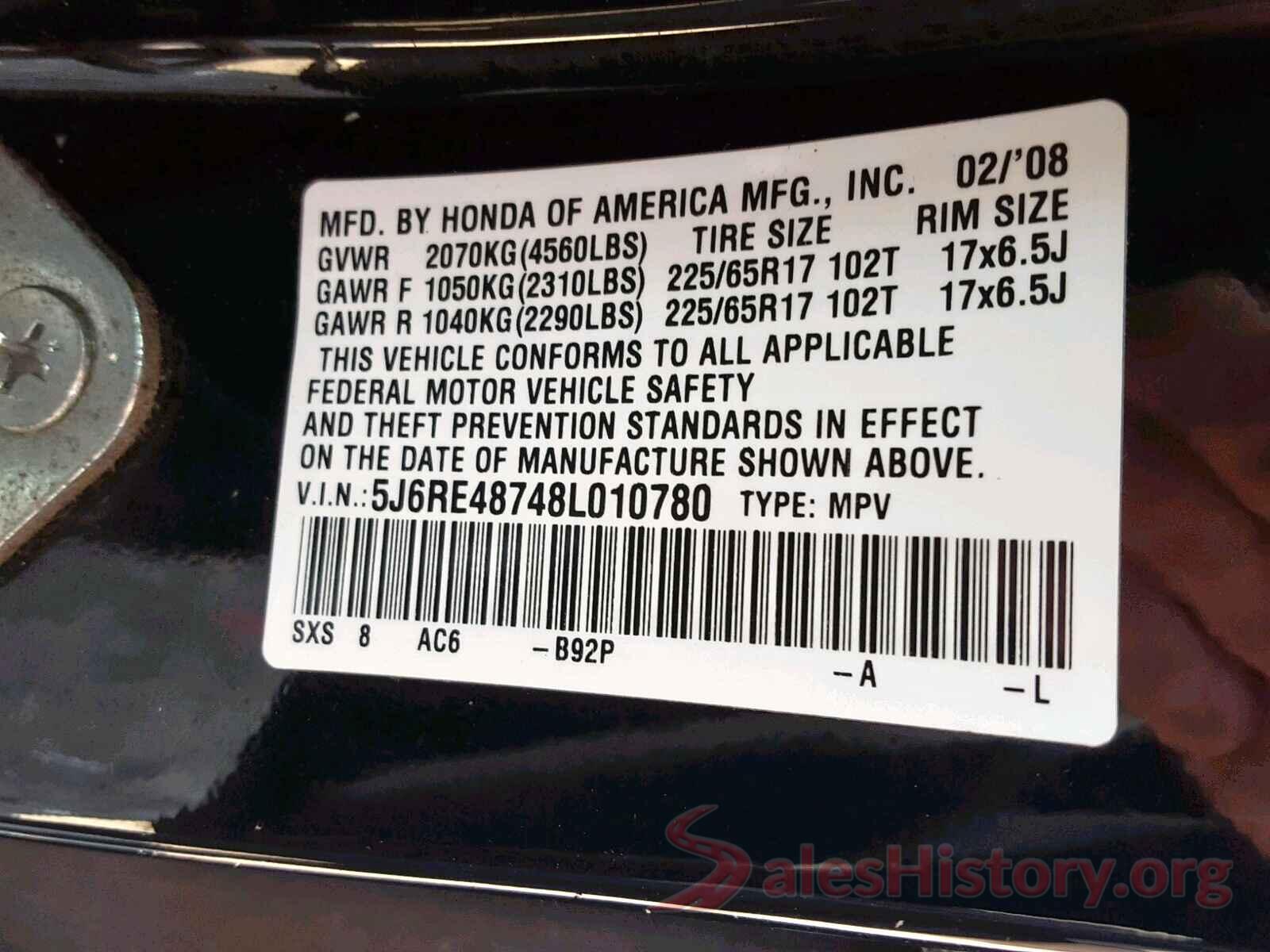 5J6RE48748L010780 2008 HONDA CR-V EXL