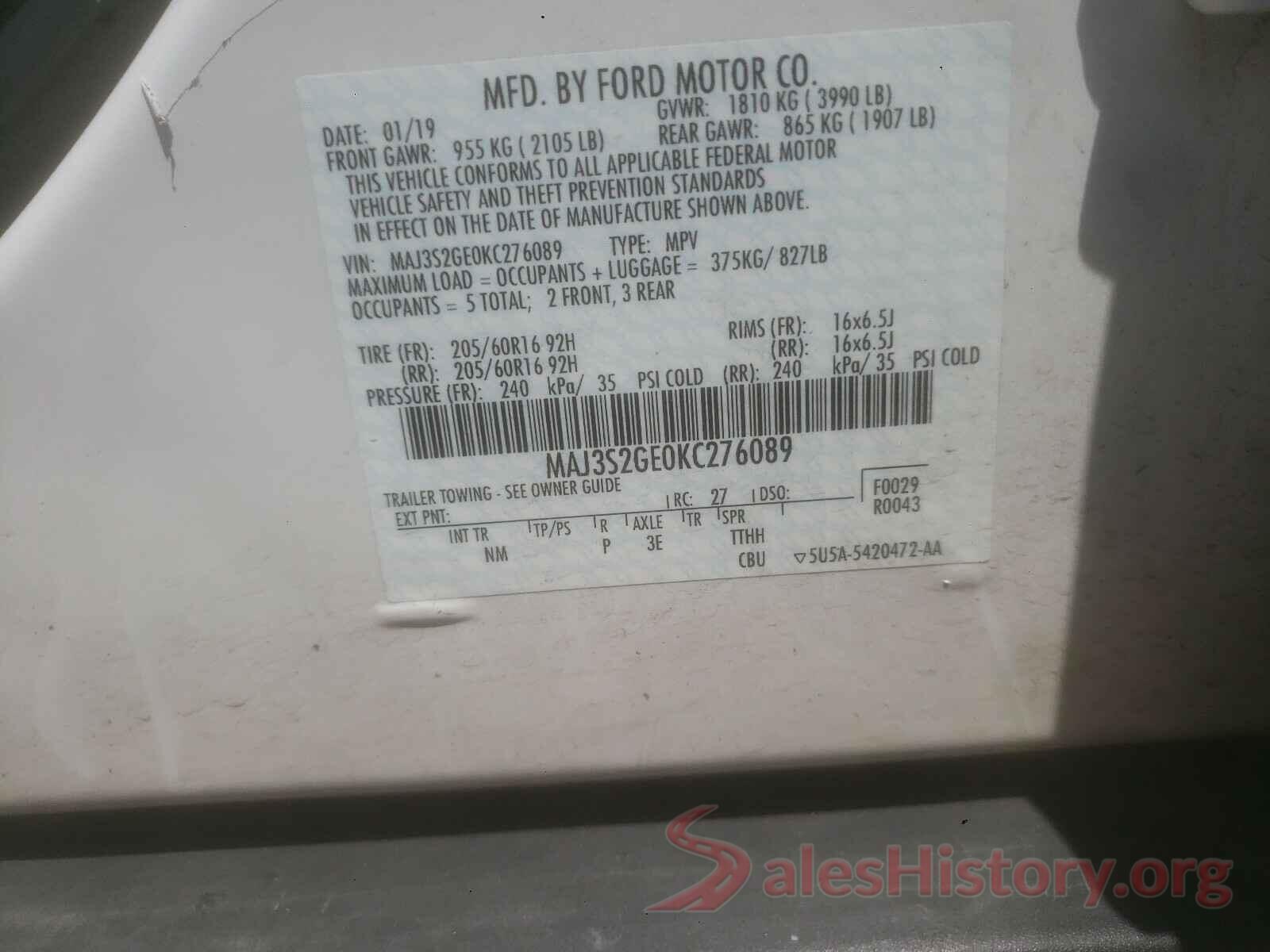 MAJ3S2GE0KC276089 2019 FORD ALL OTHER