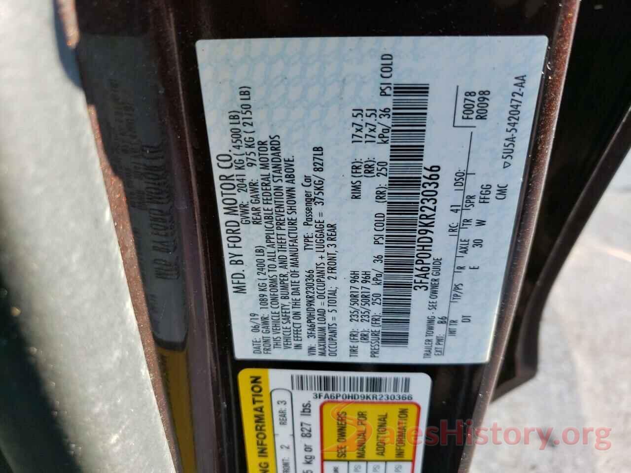 3FA6P0HD9KR230366 2019 FORD FUSION