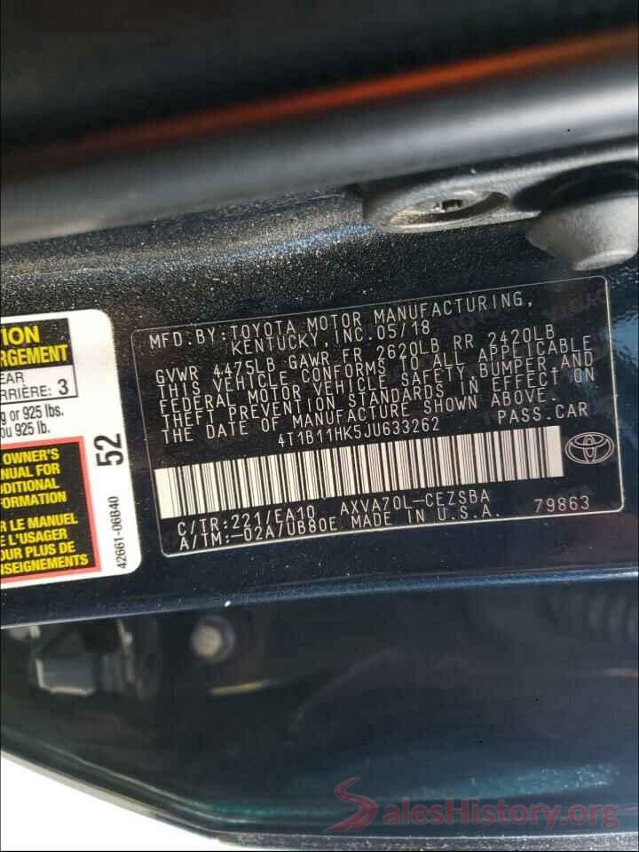 4T1B11HK5JU633262 2018 TOYOTA CAMRY