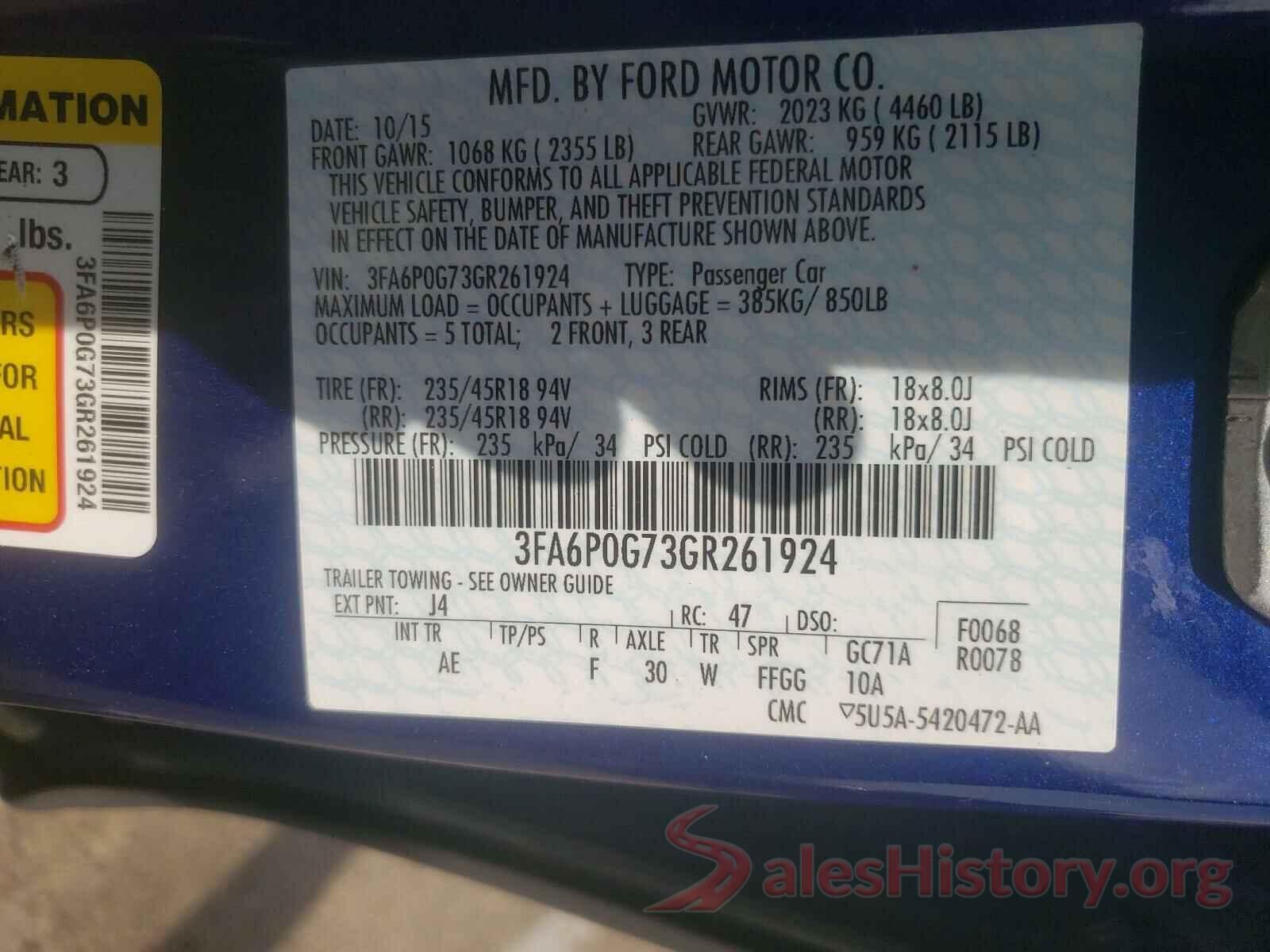 3FA6P0G73GR261924 2016 FORD FUSION