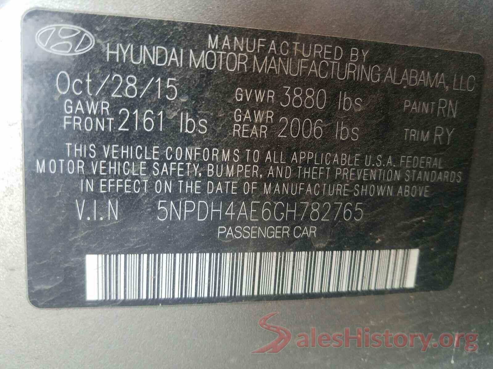 5NPDH4AE6GH782765 2016 HYUNDAI ELANTRA