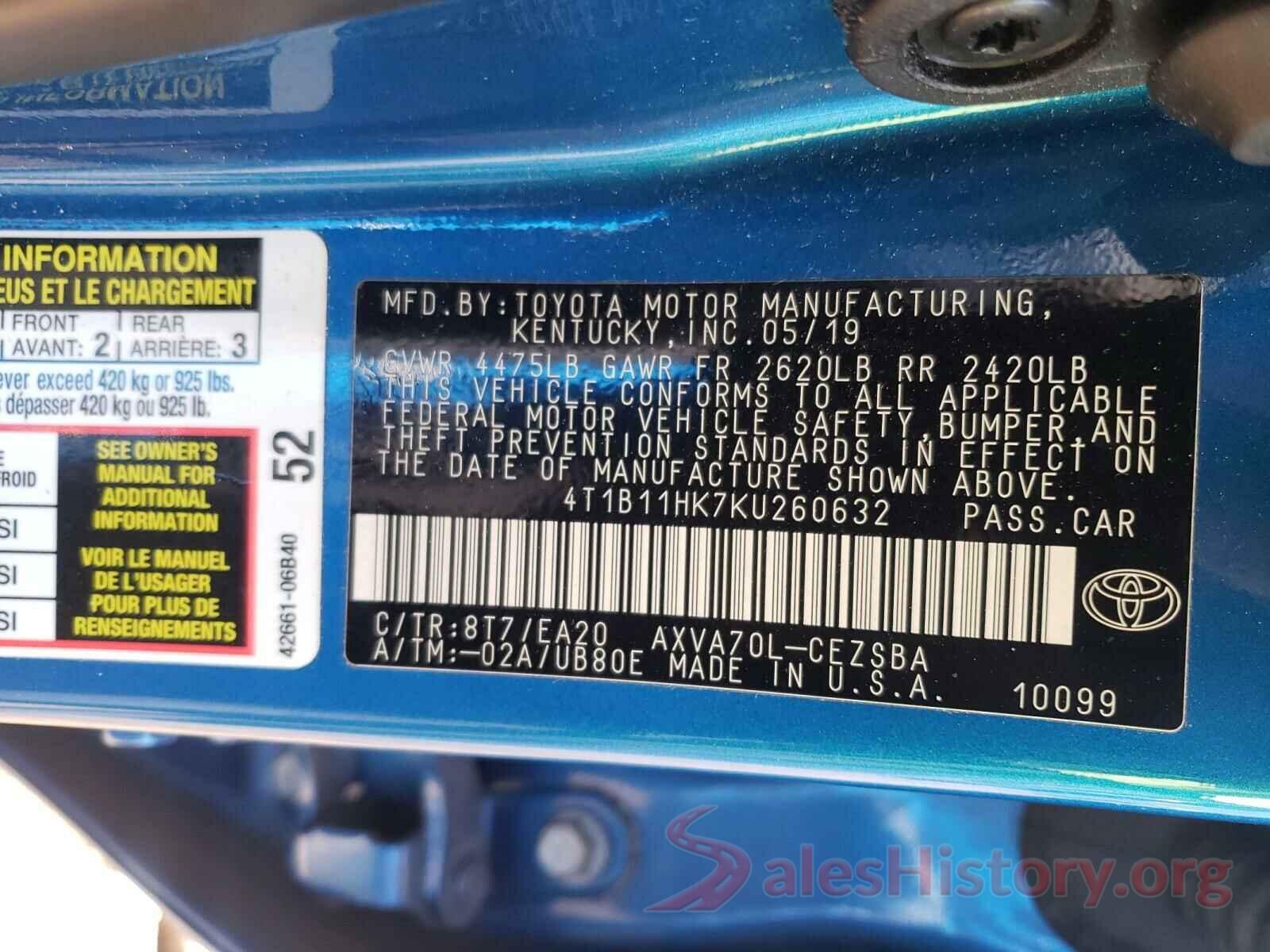 4T1B11HK7KU260632 2019 TOYOTA CAMRY