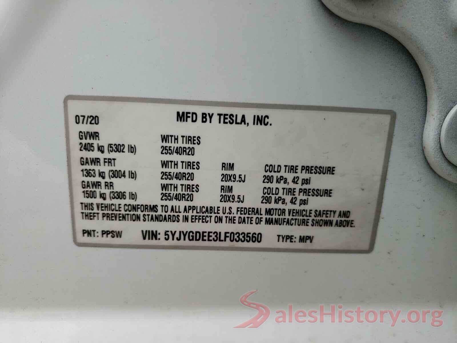 5YJYGDEE3LF033560 2020 TESLA MODEL Y