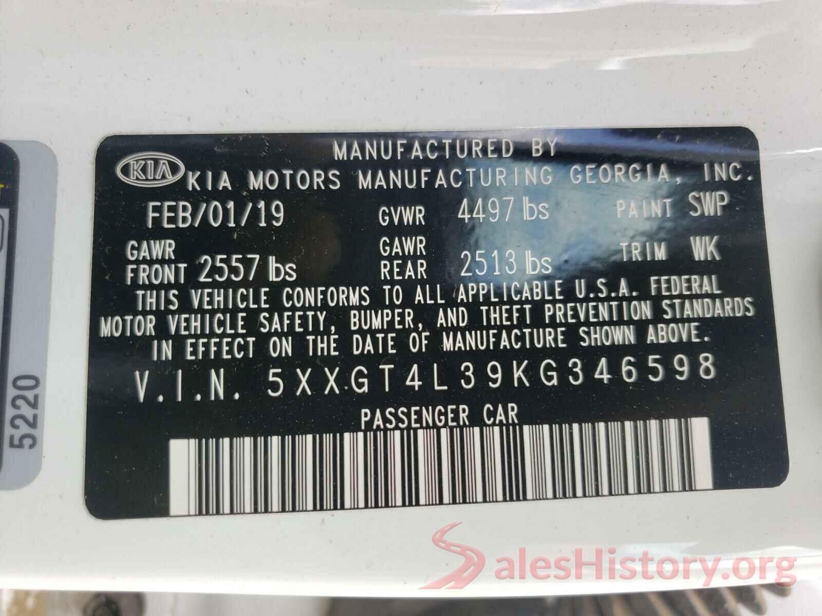 5XXGT4L39KG346598 2019 KIA OPTIMA