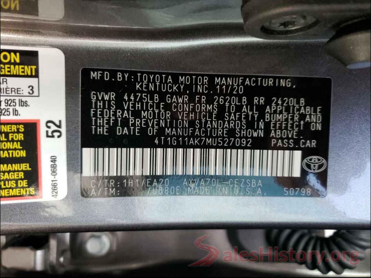 4T1G11AK7MU527092 2021 TOYOTA CAMRY