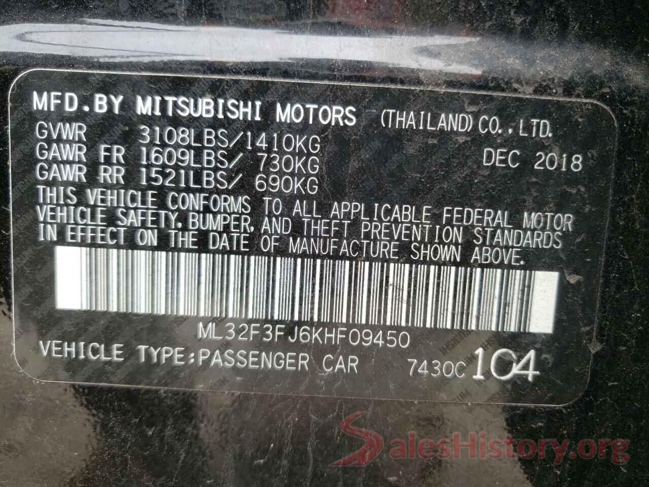 ML32F3FJ6KHF09450 2019 MITSUBISHI MIRAGE