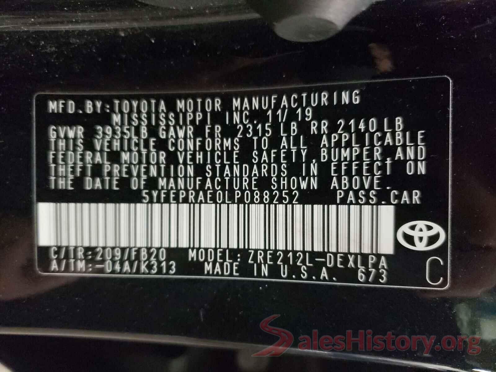 5YFEPRAE0LP088252 2020 TOYOTA COROLLA