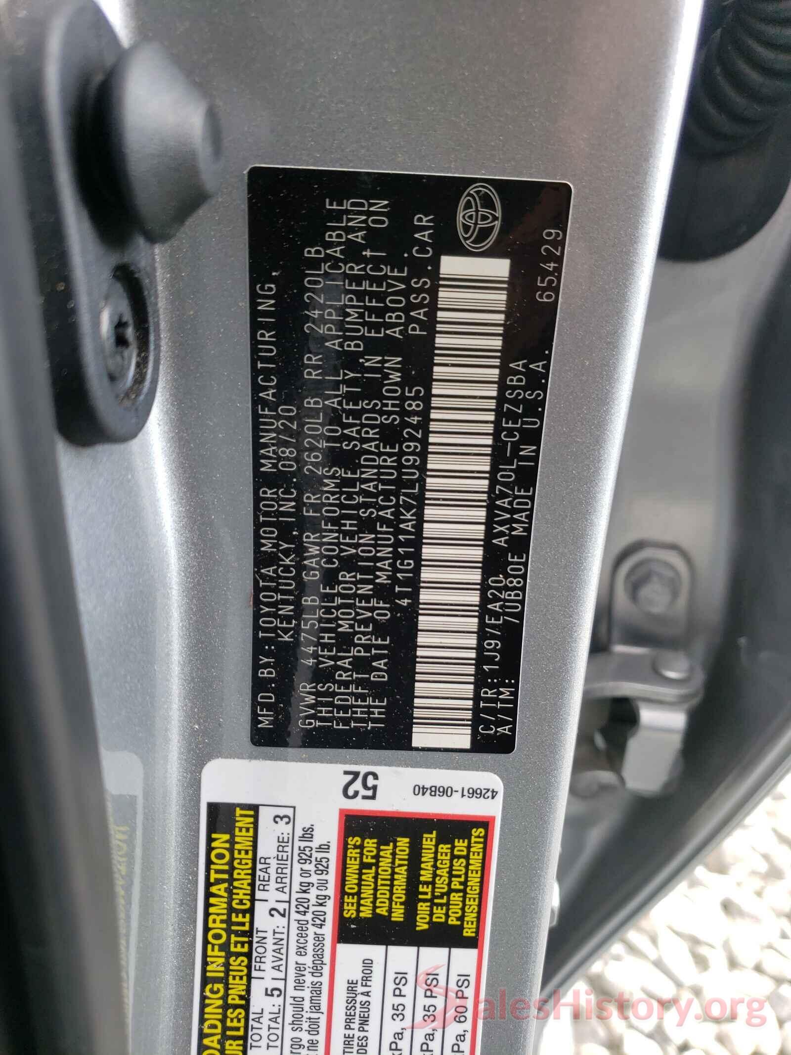 4T1G11AK7LU992485 2020 TOYOTA CAMRY