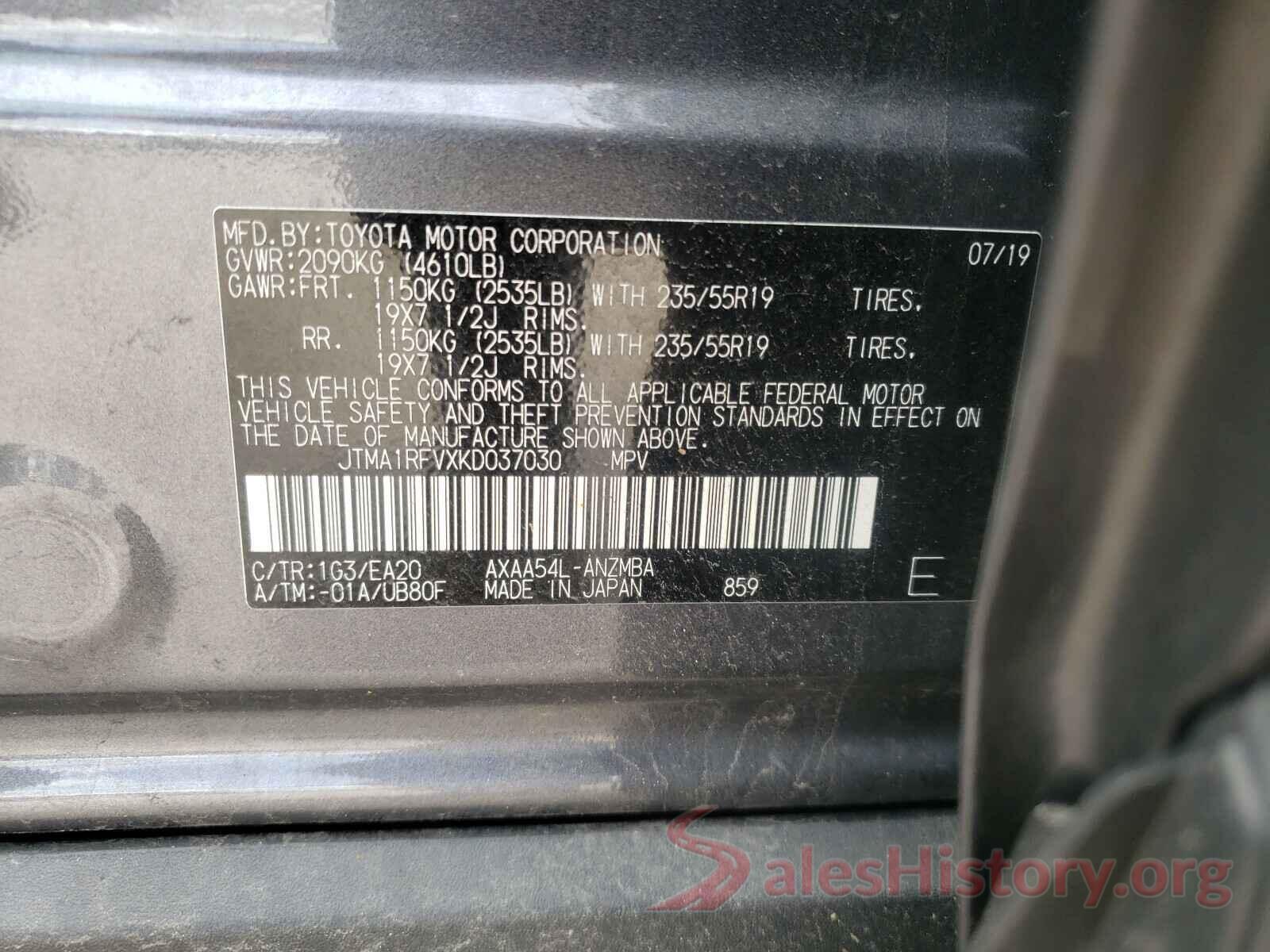 JTMA1RFVXKD037030 2019 TOYOTA RAV4