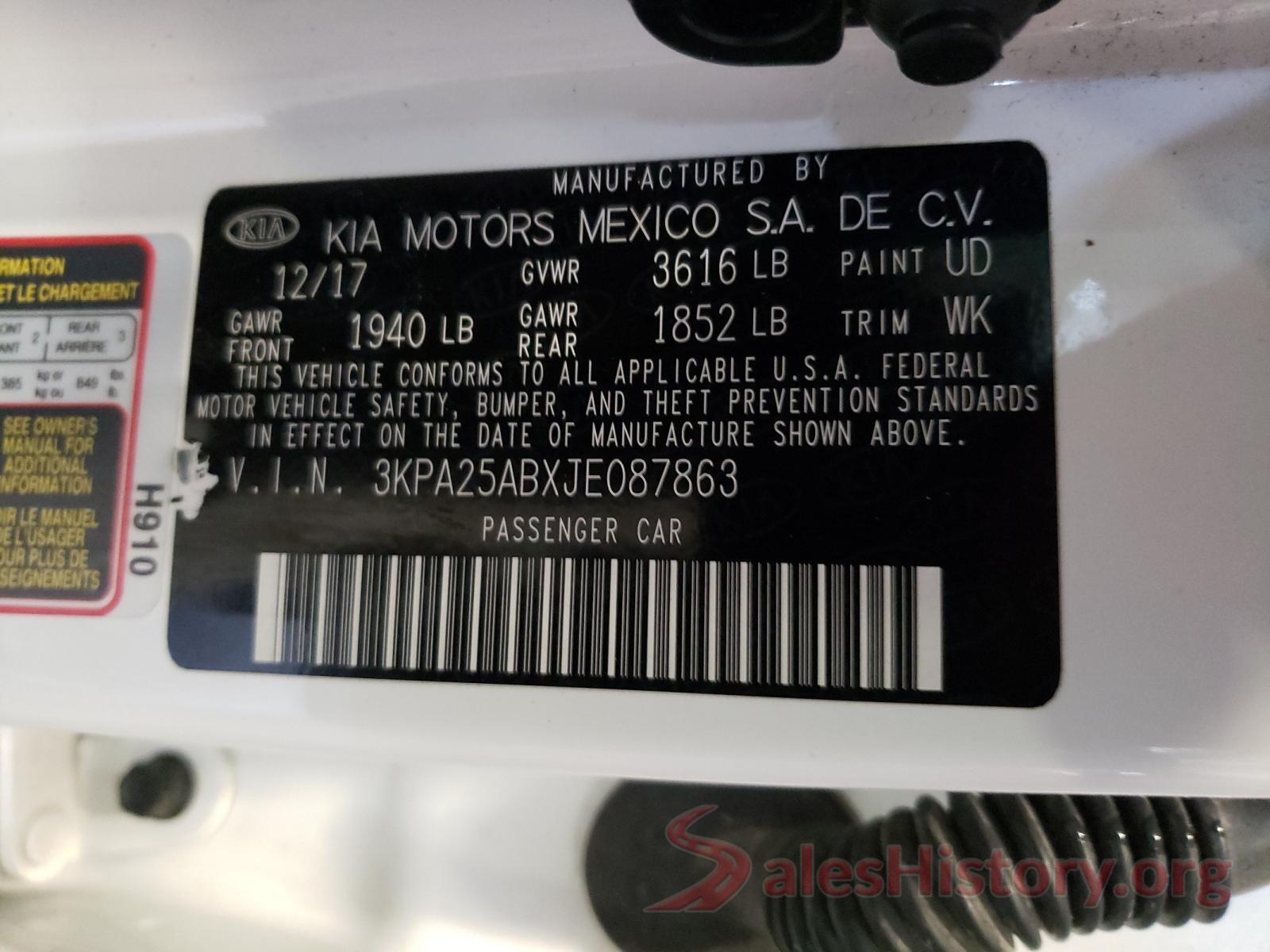 3KPA25ABXJE087863 2018 KIA RIO