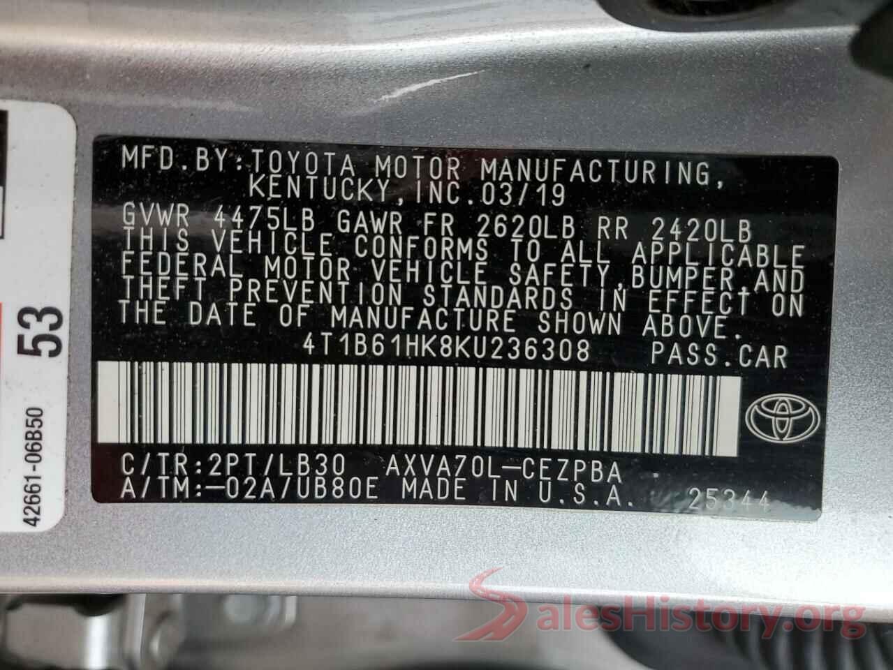 4T1B61HK8KU236308 2019 TOYOTA CAMRY