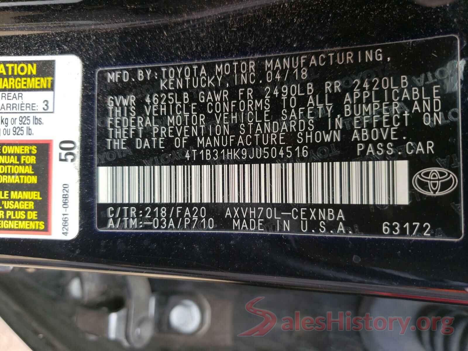 4T1B31HK9JU504516 2018 TOYOTA CAMRY