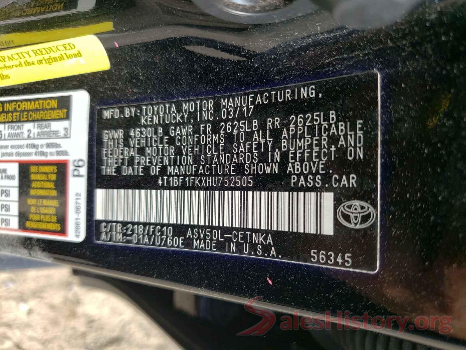 4T1BF1FKXHU752505 2017 TOYOTA CAMRY