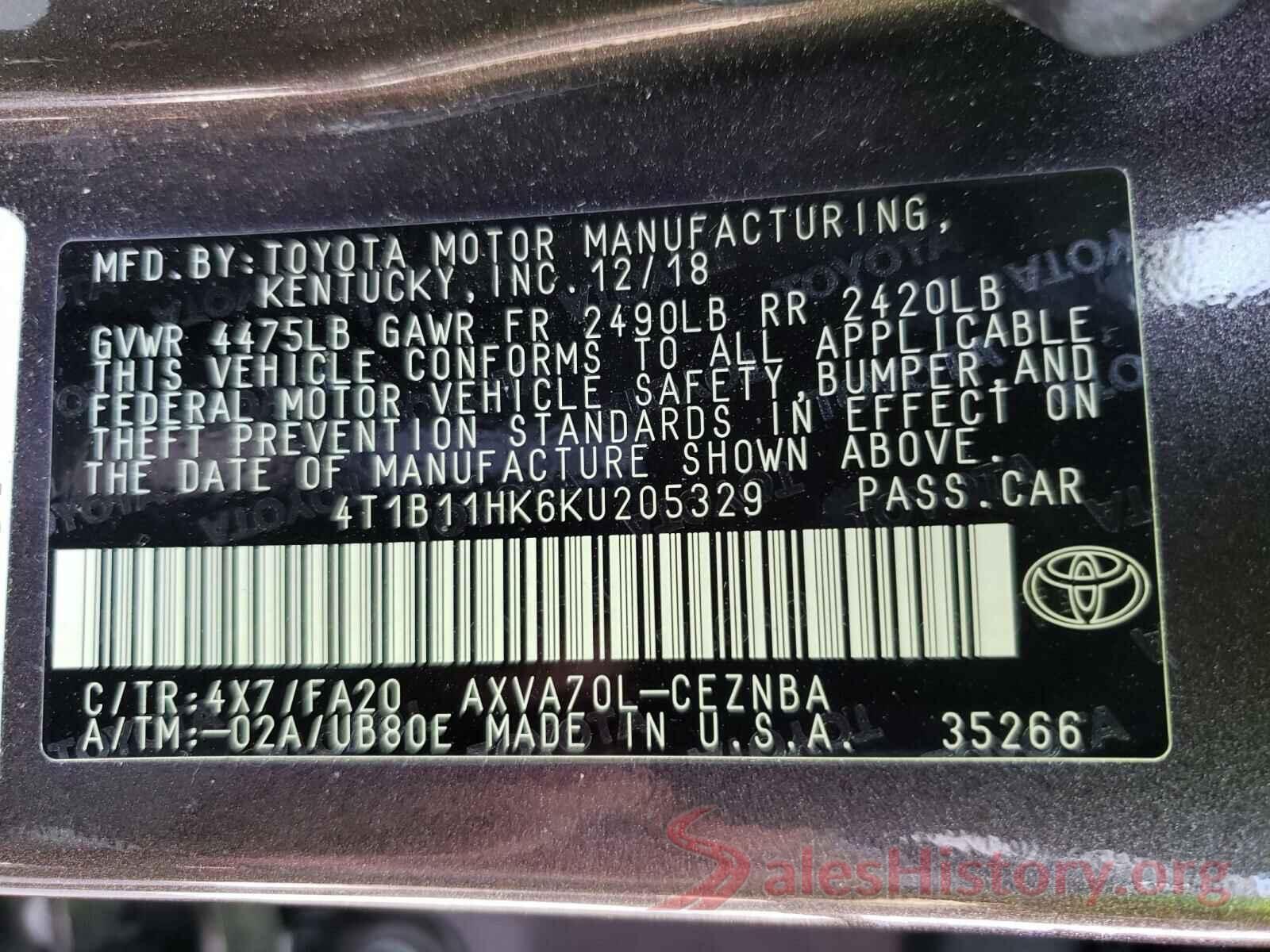 4T1B11HK6KU205329 2019 TOYOTA CAMRY