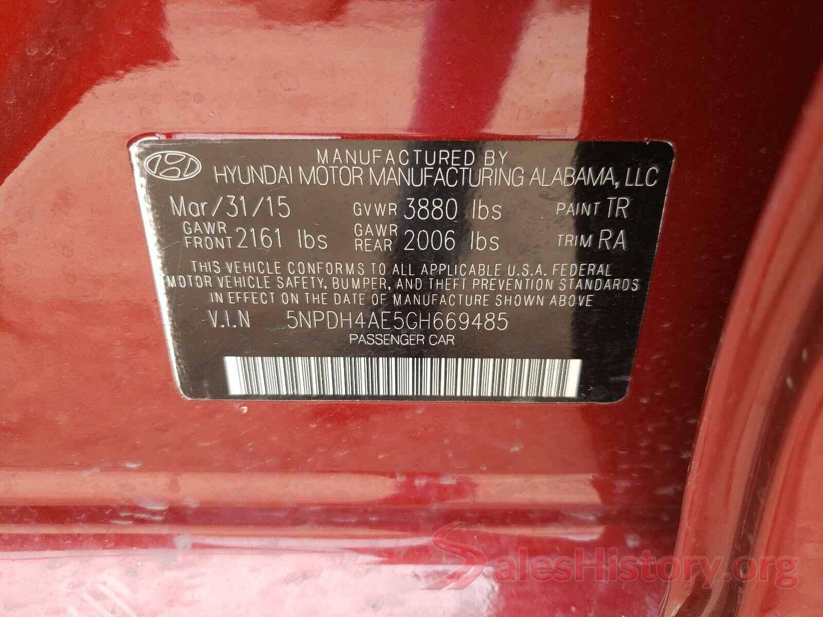 5NPDH4AE5GH669485 2016 HYUNDAI ELANTRA