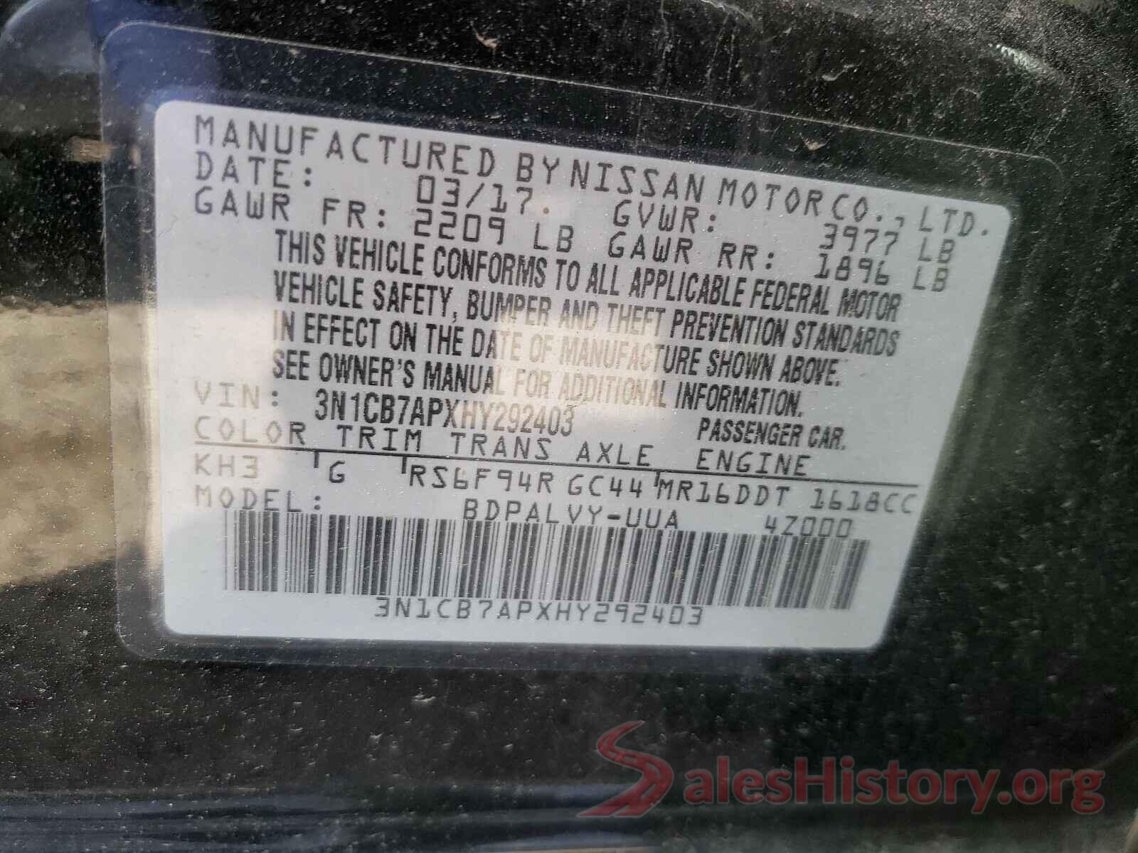 3N1CB7APXHY292403 2017 NISSAN SENTRA