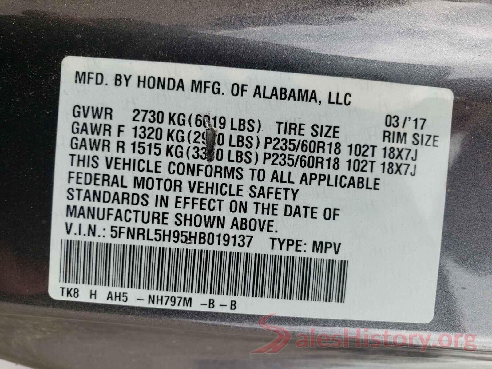 5FNRL5H95HB019137 2017 HONDA ODYSSEY